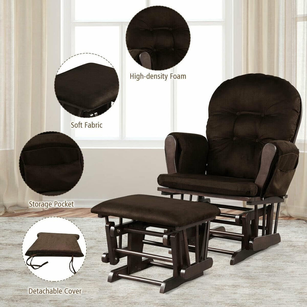 Costzon Nursery Glider with Ottoman, Upholstered Comfort Glider Rocker with Padded Cushion, Storage Pocket, Solid Wood Base, Rocking Chair Nursery for Breastfeeding, Napping (Brown)