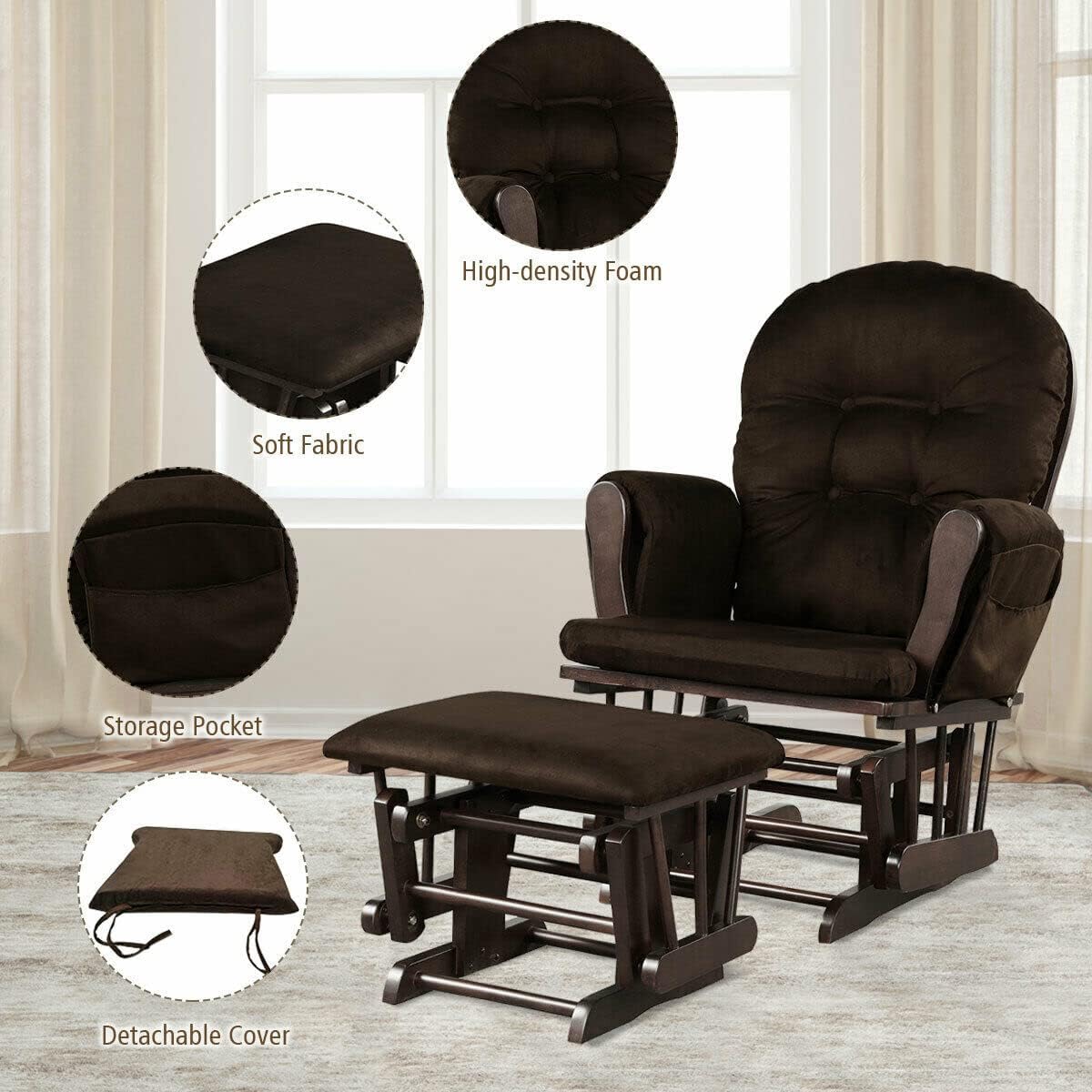 Costzon Nursery Glider with Ottoman, Upholstered Comfort Glider Rocker with Padded Cushion, Storage Pocket, Solid Wood Base, Rocking Chair Nursery for Breastfeeding, Napping (Brown)