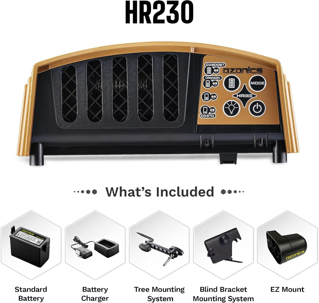 Ozonics HR230 Scent Eliminator | Ozone Generator for Hunting - Advanced Odor Control for Blinds, Stands - Includes Rechargeable Battery & Tree Mounting System - 'Half a Million Hunters Can't Be Wrong'