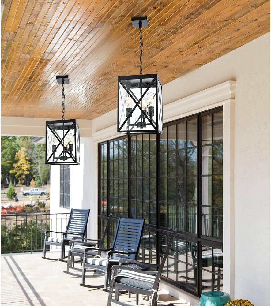 TODOLUZ Large Outdoor Pendant Light, Black Exterior Ceiling Porch Light with Seeded Glass Panel, Outdoor Chandelier Hanging Lantern for Garage Entryway Patio Front Door