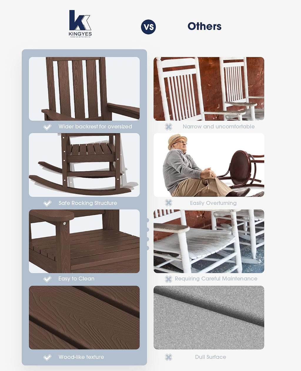 KINGYES Oversized Outdoor Rocking Chair Set of 2, All-Weather Patio Rocking Chairs for Porch, HDPE Outdoor Patio Rockers with High Back & Wide Seat for Garden, Lawn, Coffee