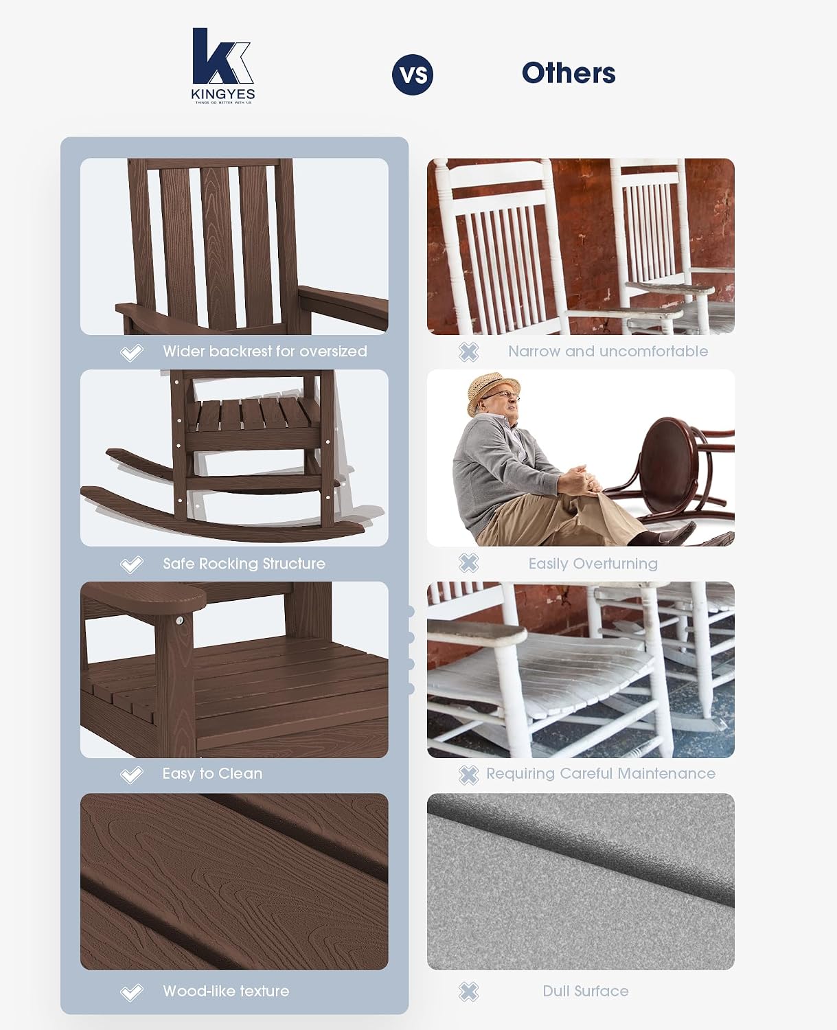 KINGYES Oversized Outdoor Rocking Chair Set of 2, All-Weather Patio Rocking Chairs for Porch, HDPE Outdoor Patio Rockers with High Back & Wide Seat for Garden, Lawn, Coffee