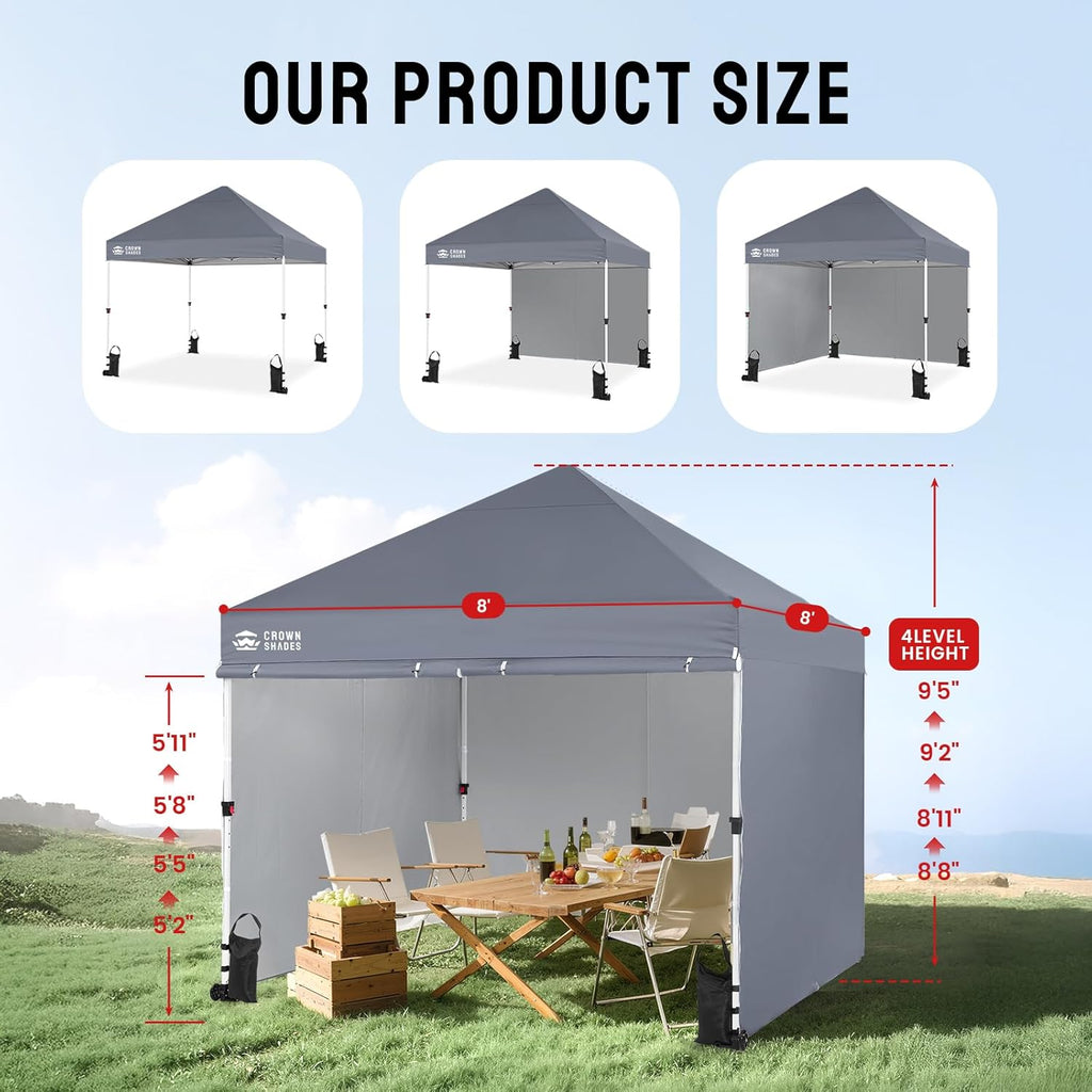 CROWN SHADES Pop Up Canopy Tent, 8x8 Commercial Canopy Tent with 4 Sidewalls, 4' Wheels, 4 Upgraded Weights, Patented Centerlock, 400D Fabric, Sto'N Go Bag, Gray