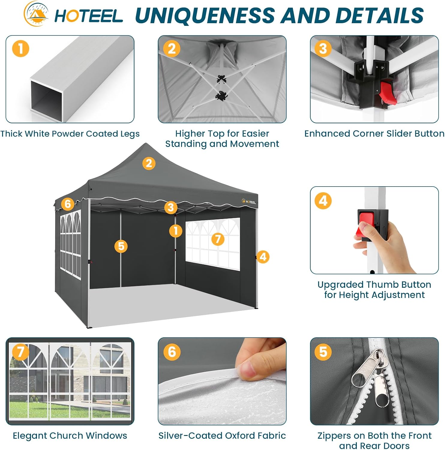 HOTEEL Canopy Tent 10x10 Pop Up Canopy with 4 Removable Sidewalls, Sandbags, Stakes & Ropes, UPF 50+ Easy Setup Canopy Tent Waterproof Outdoor Instant Portable Shelter for Party, Events, Vendor, Gray