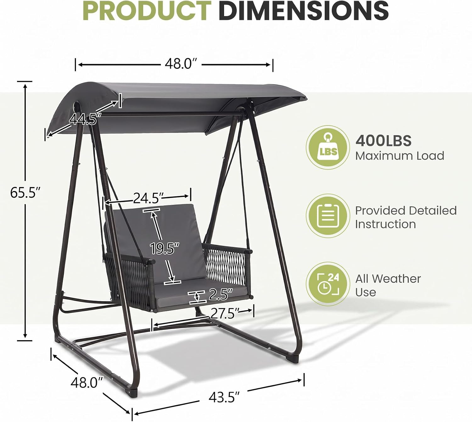 Porch Swing with Stand, Outdoor Swing with Canopy, All Weather Outdoor Swings for Adults, 400lbs Heavy Duty Porch Swings with Removable Cushions, Single Hanging Chair for Small Space, Grey