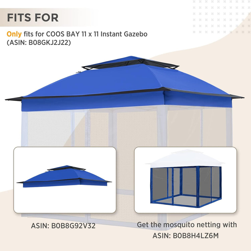 COOS BAY 11x11 Replacement Gazebo Top with Air Vent Sunshade Polyester Top Cover Only, Blue