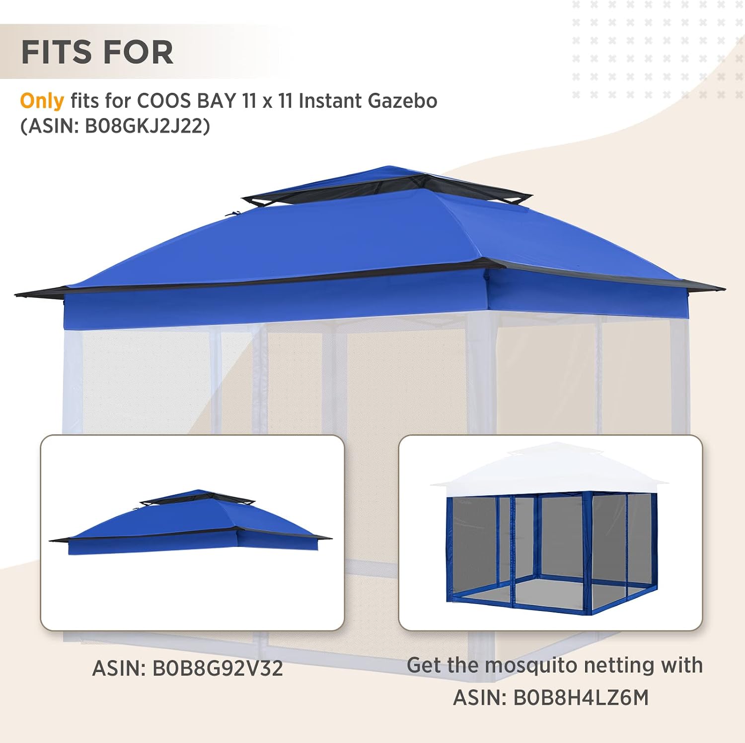 COOS BAY 11x11 Replacement Gazebo Top with Air Vent Sunshade Polyester Top Cover Only, Blue