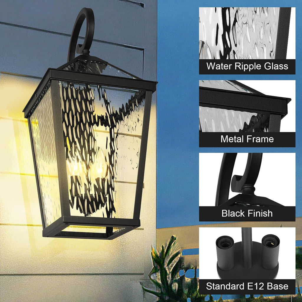Treekee Outdoor Wall Light Fixture, Modern Waterproof Exterior Wall Lantern with E12 Sockets & Water Ripple Glass, Matte Black Rustic Wall Sconce Porch Lamp for Patio, Garage, Yard, Front Door, Garden