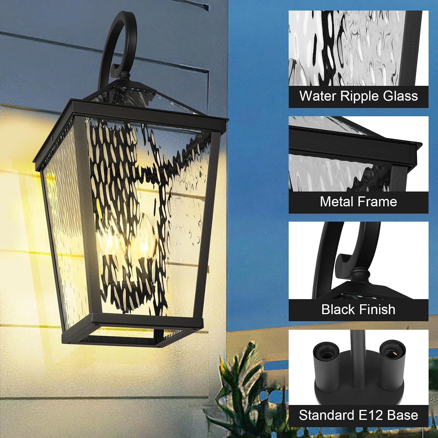 Treekee Outdoor Wall Light Fixture, Modern Waterproof Exterior Wall Lantern with E12 Sockets & Water Ripple Glass, Matte Black Rustic Wall Sconce Porch Lamp for Patio, Garage, Yard, Front Door, Garden