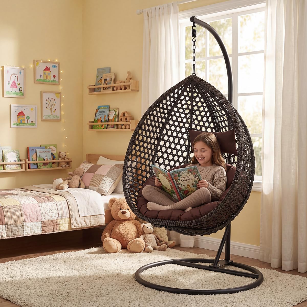 Egg Swing Chair Outdoor with Stand, Indoor Hanging Egg Chair, Rattan Basket Chair with Cushion and Pillow, Foldable Basket and Metal Stand for Backyard Sunroom Patio Balcony (Black)