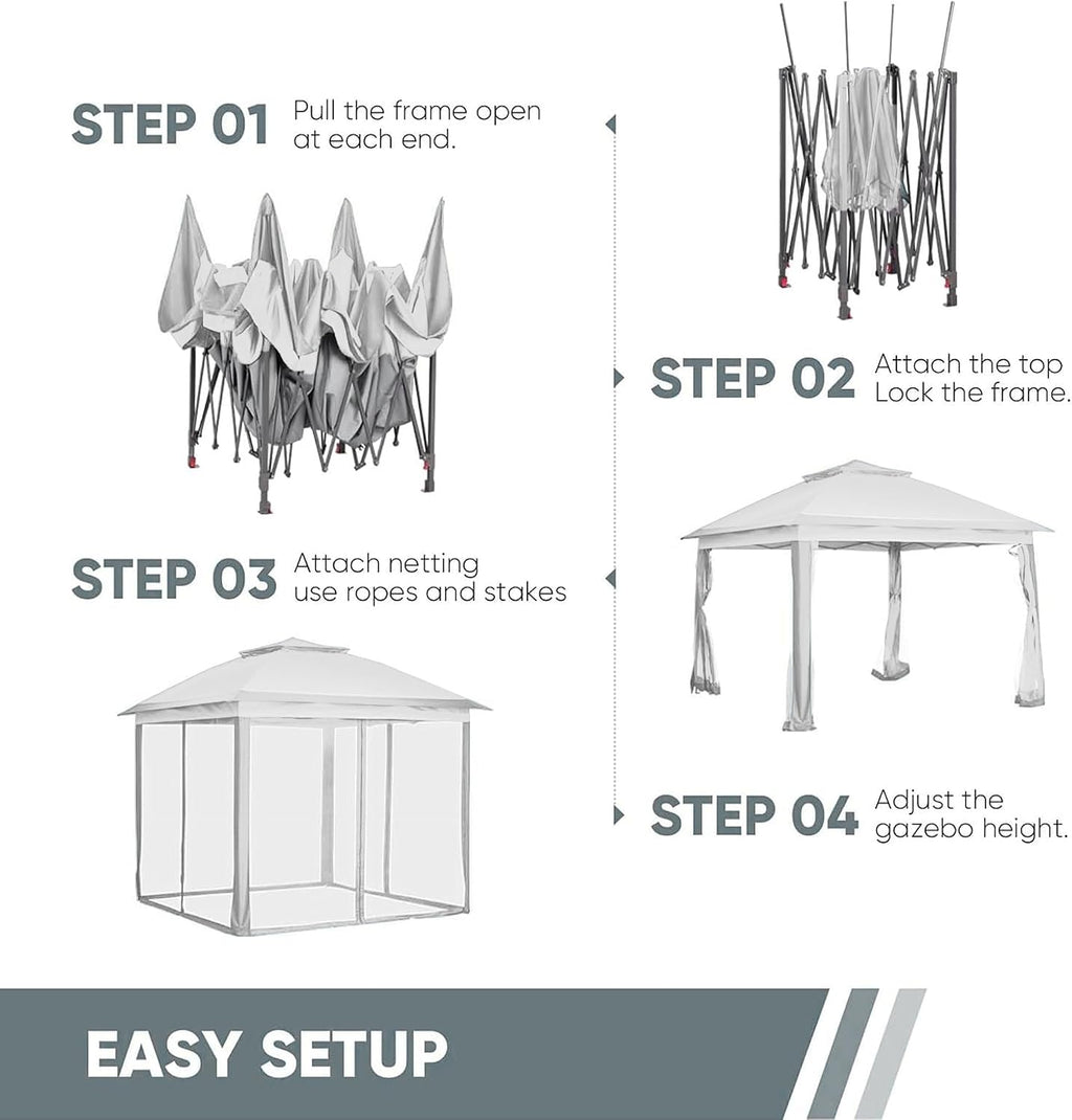 11x11 FT Gazebo Tent, Outdoor Tents for Parties with Mosquito Netting, Folding Heavy Duty Height Adjustable Canopy Tent for Patio Backyard Garden (White)
