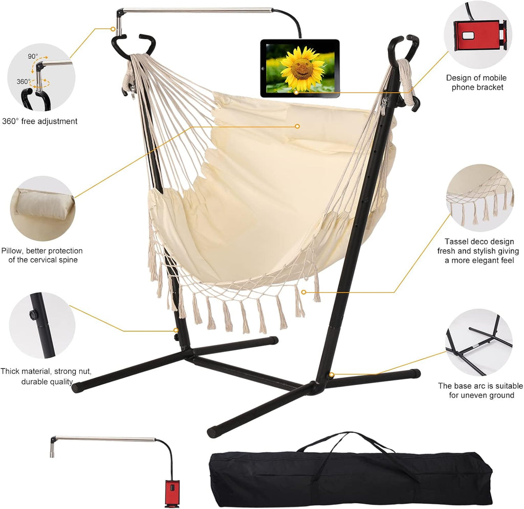 Hammock with Stand Phone Holder Included Double Hanging Chair Macrame Boho Handmade Adjustable Swing Indoor Outdoor Patio Yard Garden Porch 400lbs Capacity (2022 White)