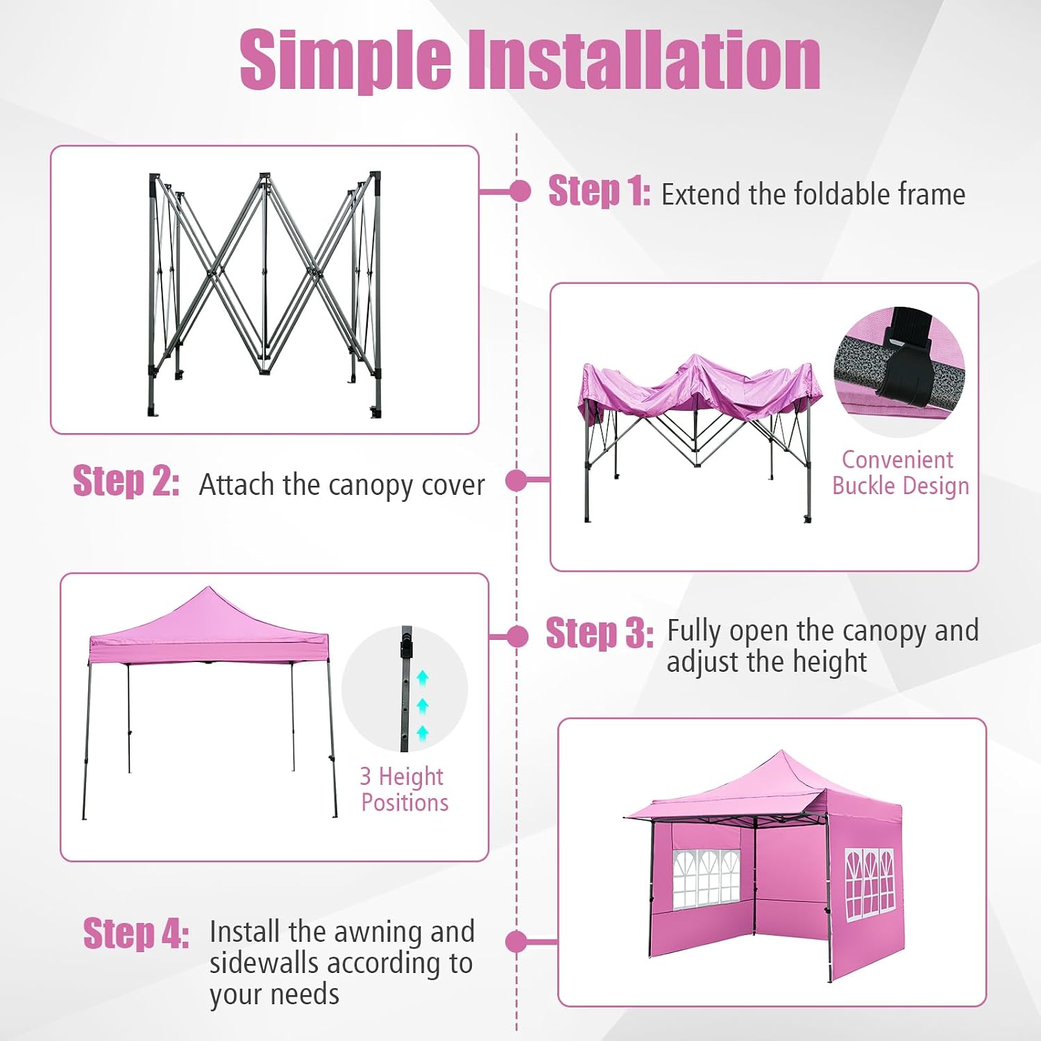 Tangkula 10x10 FT Pop Up Canopy, Outdoor Tent with 3 Sidewalls & Awning, Wheeled Bag, 4 Sandbags, 8 Stake, 4 Ropes, Portable Canopy Tent for Party Picnic Event Beach Camping (Pink)