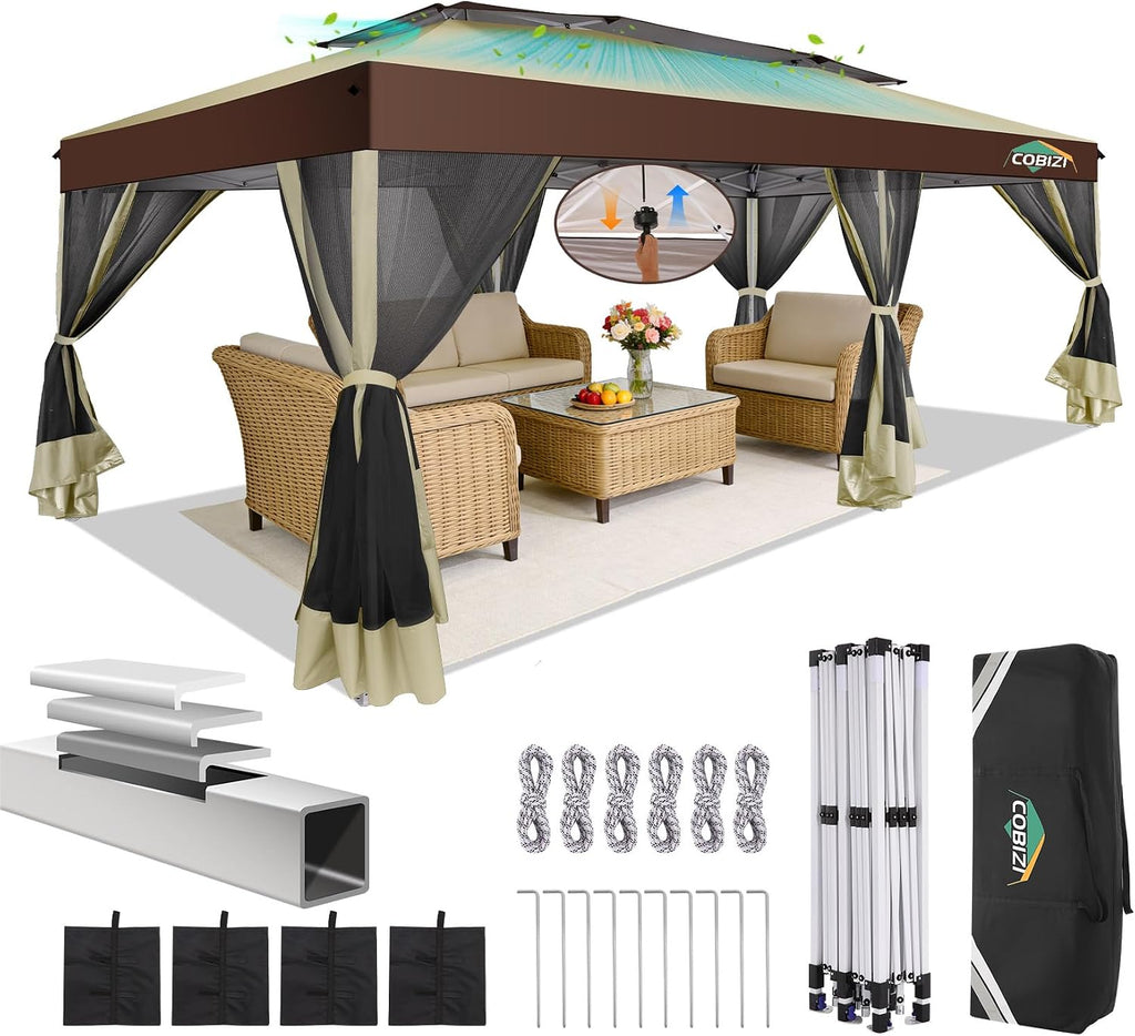 COBIZI 10x20 Pop up Gazebo, One-Push Setup Canopy Tent with Mosquito Netting & Vented Roof Design, Upgrade Metal Easy up Canopy Carpa Outdoor Gazebos for Backyard Camping Deck Party(Khaki & Brown)
