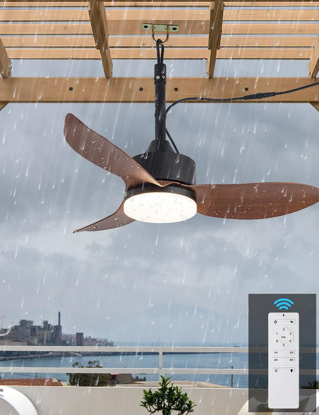 EKIZNSN 39' IP65 Waterproof Outdoor Gazebo Fan, Plug-In Wet Rated Ceiling Fan for Patios Pergola Garage Outside Porch, Brown