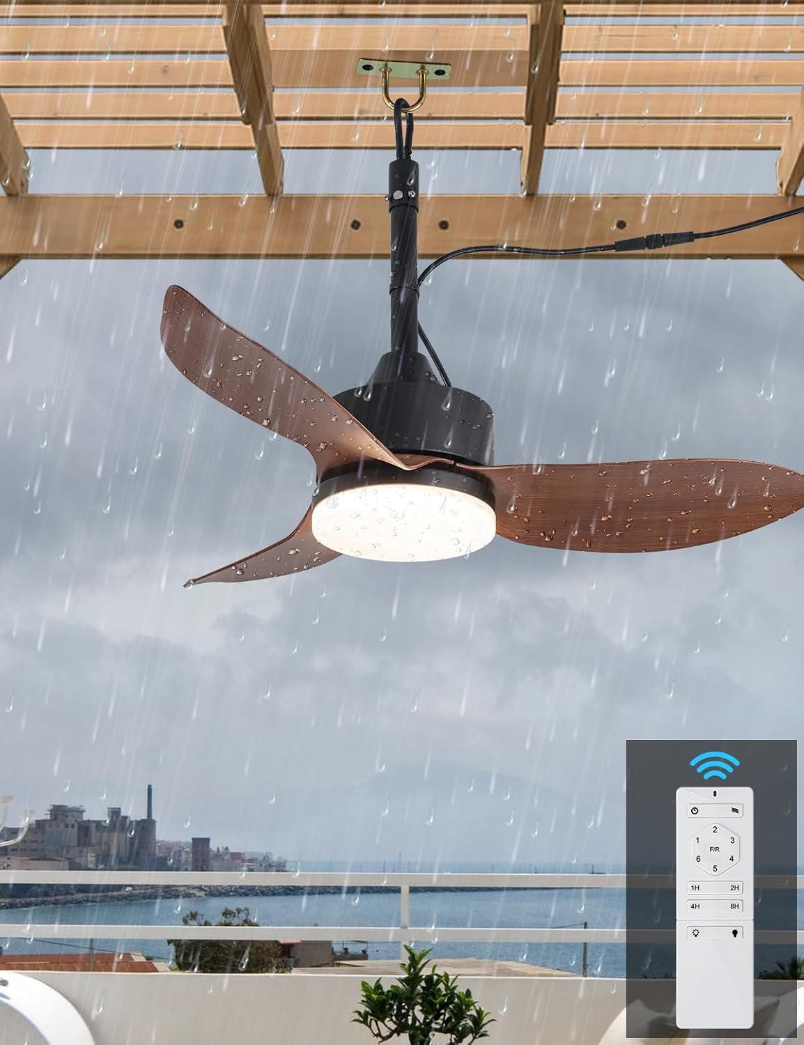 EKIZNSN 39' IP65 Waterproof Outdoor Gazebo Fan, Plug-In Wet Rated Ceiling Fan for Patios Pergola Garage Outside Porch, Brown