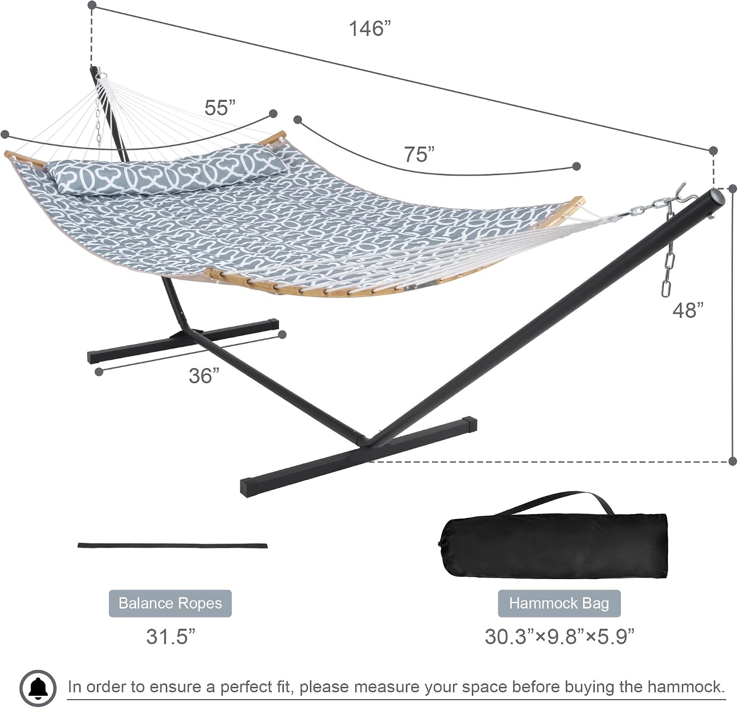 Double Hammock with Stand Included, Portable Hammock with Curved Spreader Bar, Pillow and Carrying Bag, 450 Lbs Capacity, Grey Pattern