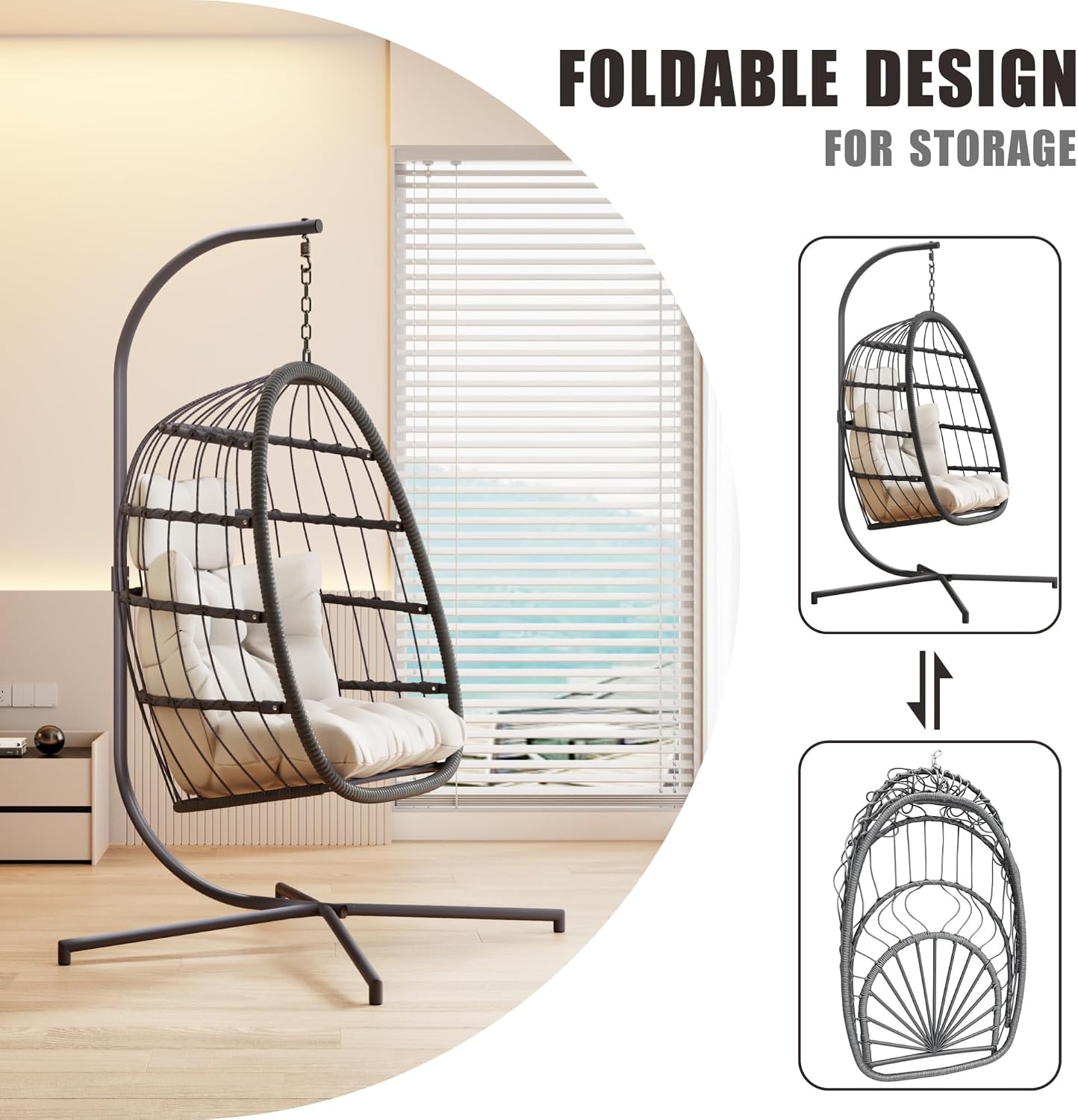 HWB Hanging Egg Chair with Stand, Patio Wicker Egg Swing Chair with Cushion for Bedroom Garden Indoor Outdoor (Beige)