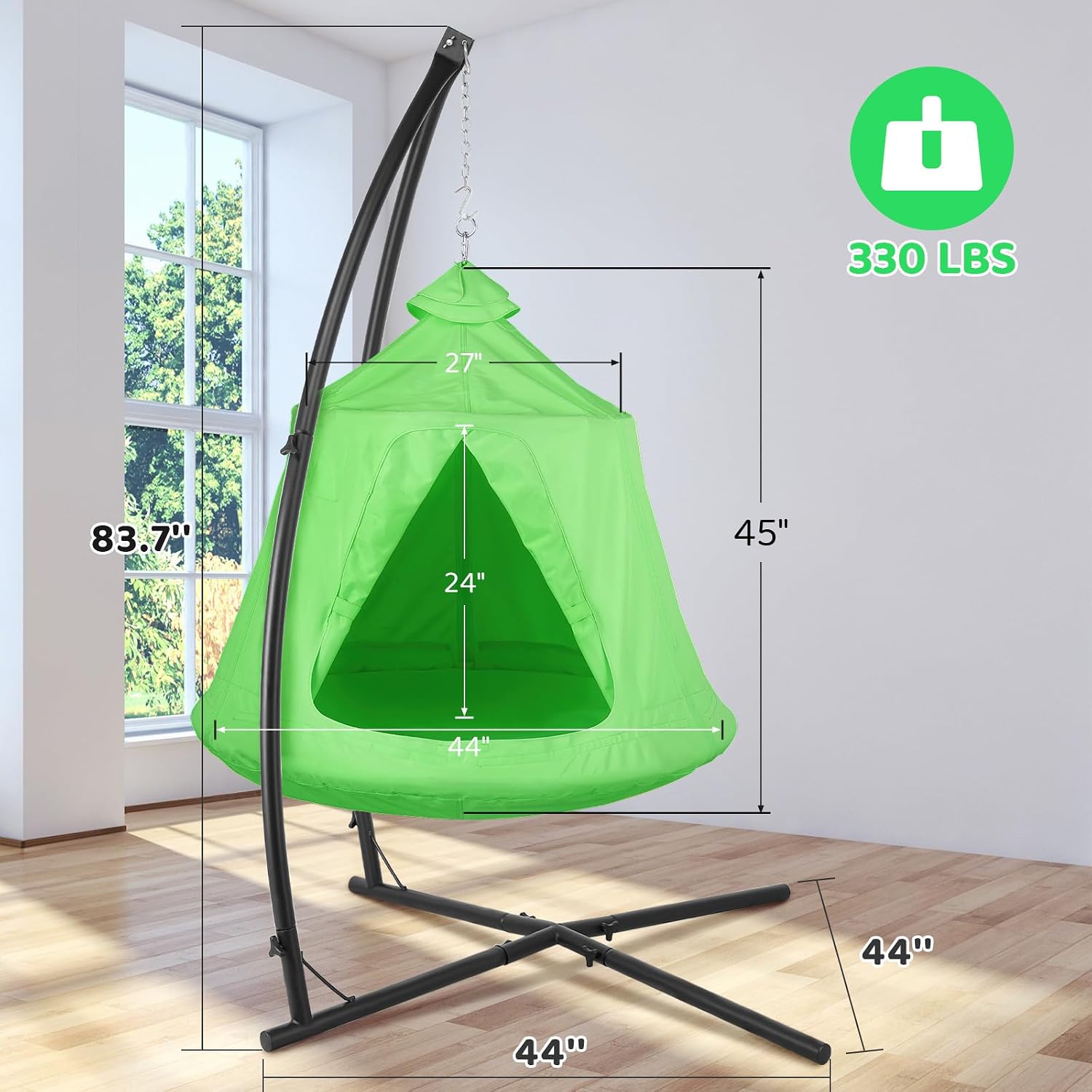 Arlopu Hanging Hammock X-Stand w/Tree Tent, Indoor Metal Swing Chair Stand w/Play Tent, Outdoor Egg Basket Patio Seat w/Support Stand, Porch Bedroom Balcony Chair w/Adjustable Solid Stand (Green)