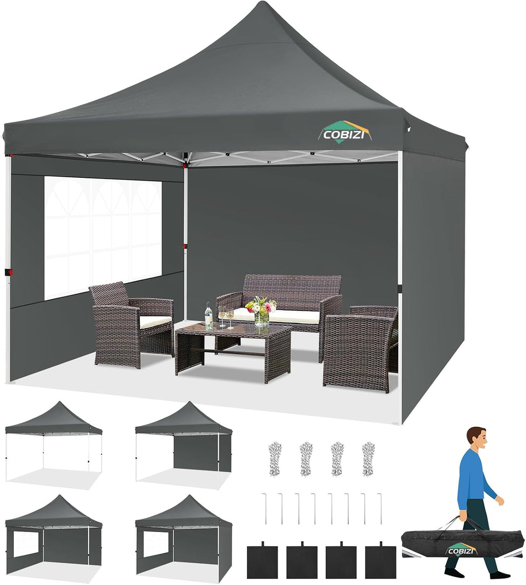 COBIZI Canopy 10x10 Pop Up Canopy Tent with 3 Sidewalls, Commercial Party Tent Ez Waterproof Outdoor Instant Gazebo UV 50+ Event Shelter, Garden Tents for Parties Camping with Sandbags, Grey