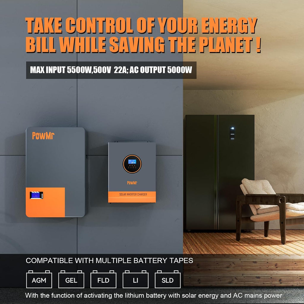 PowMr Solar Inverter 5000W 48V to 110V, 5000 watt Inverter Pure Sine Wave 48V Built-in 80A MPPT Controller and 40A AC Charger, Max.PV Input Up to 5500W, 500VOC, Support Utility/Generator/Solar Charge