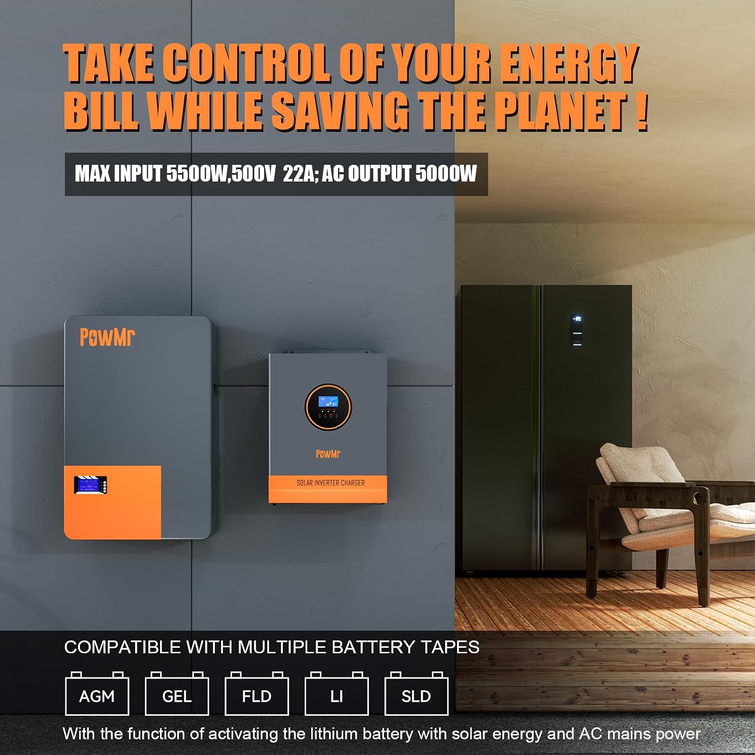 PowMr Solar Inverter 5000W 48V to 110V, 5000 watt Inverter Pure Sine Wave 48V Built-in 80A MPPT Controller and 40A AC Charger, Max.PV Input Up to 5500W, 500VOC, Support Utility/Generator/Solar Charge