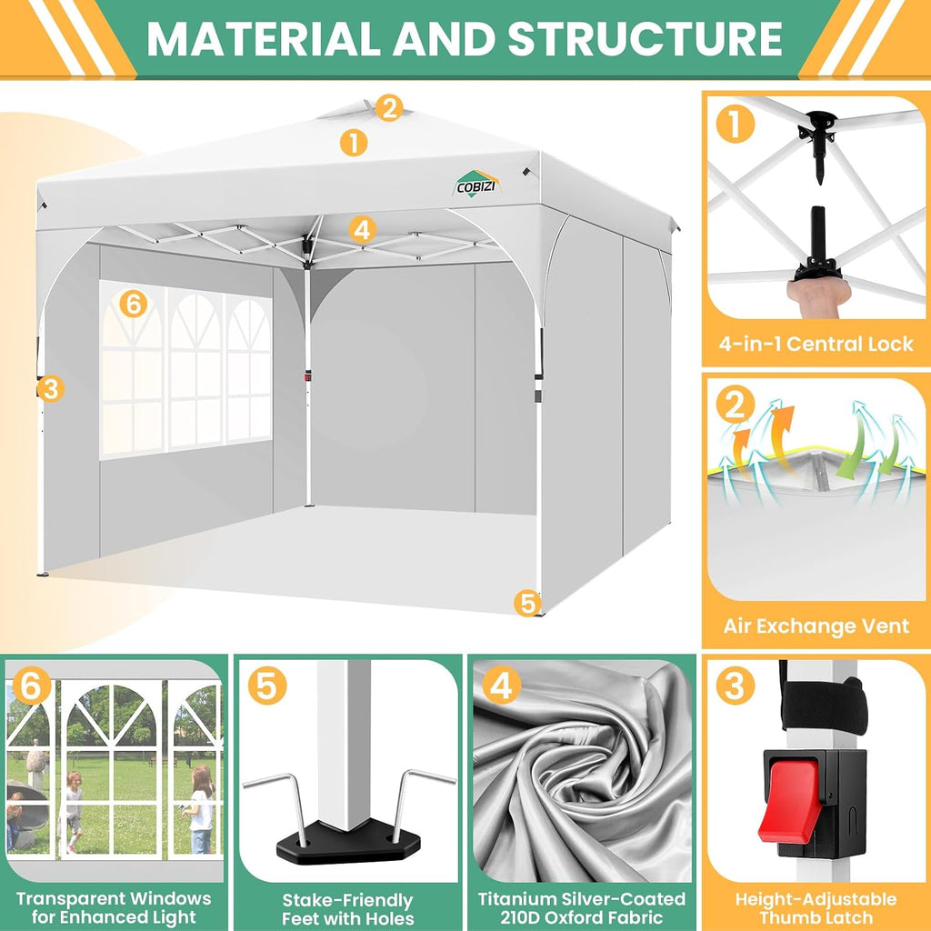 COBIZI 10x10 Pop Up Canopy Tent, Outdoor Party Tent with 3 Sidewalls, 1 Person Easy Set up, Tents for Parties with Fluorescent Strip & 4 Sandbags, Waterproof UPF50+, 3 Adjustable Height, White