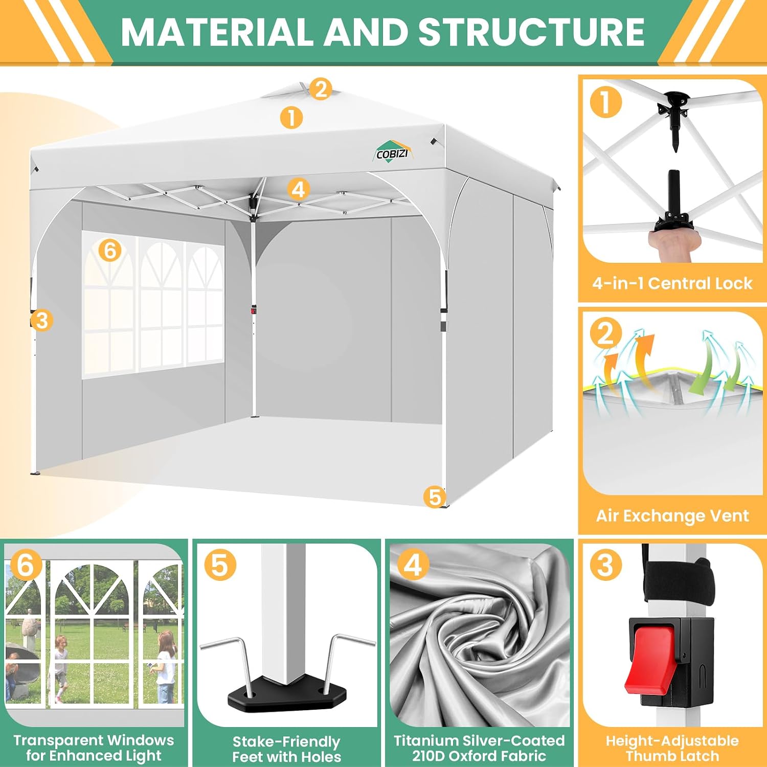 COBIZI 10x10 Pop Up Canopy Tent, Outdoor Party Tent with 3 Sidewalls, 1 Person Easy Set up, Tents for Parties with Fluorescent Strip & 4 Sandbags, Waterproof UPF50+, 3 Adjustable Height, White