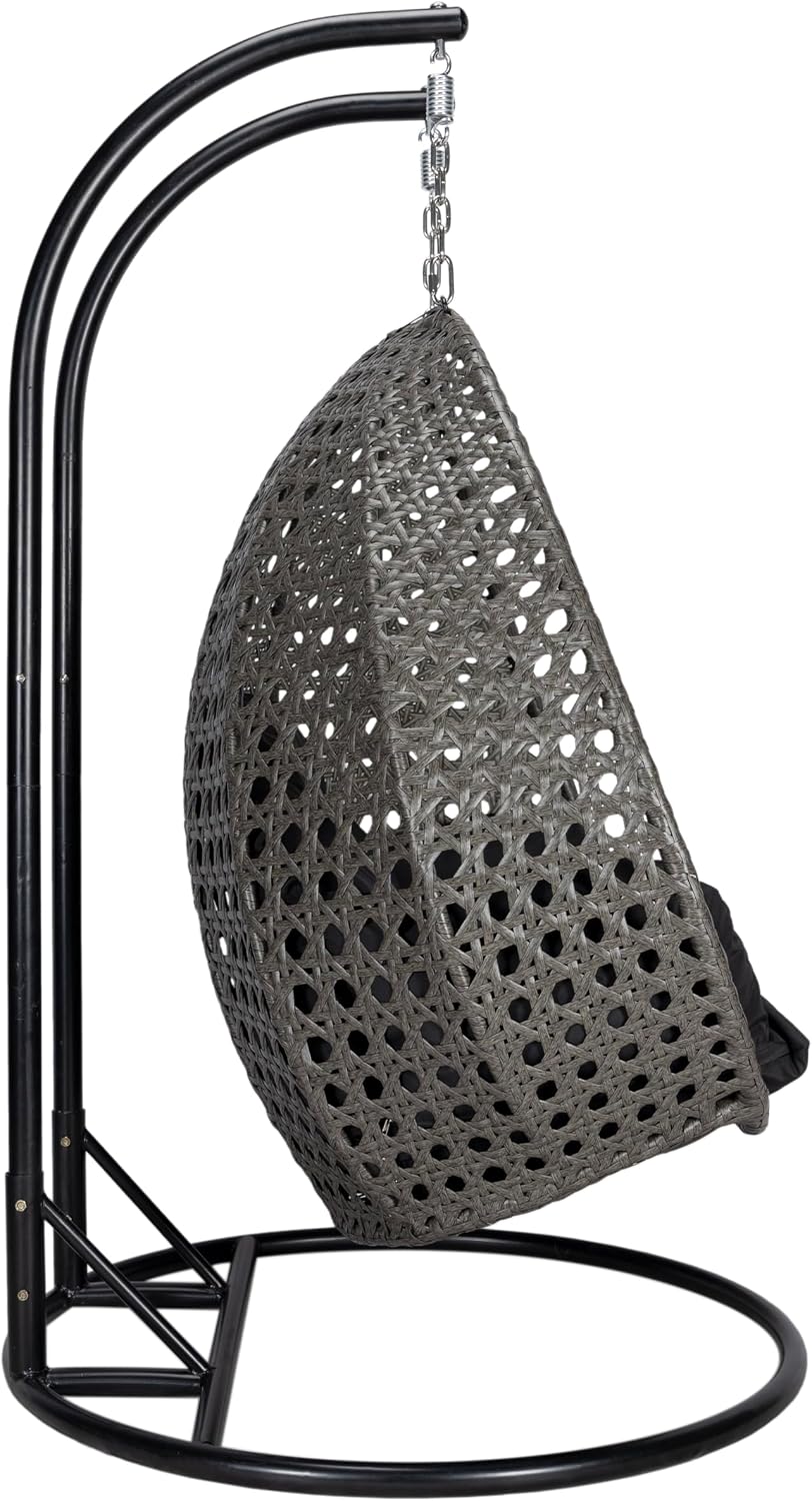 LeisureMod 2 Person Wicker Hanging Egg Chair with Stand & UV-Resistant Cushions for Indoor/Outdoor, Patio, Lounge, Hammock Seat, Black