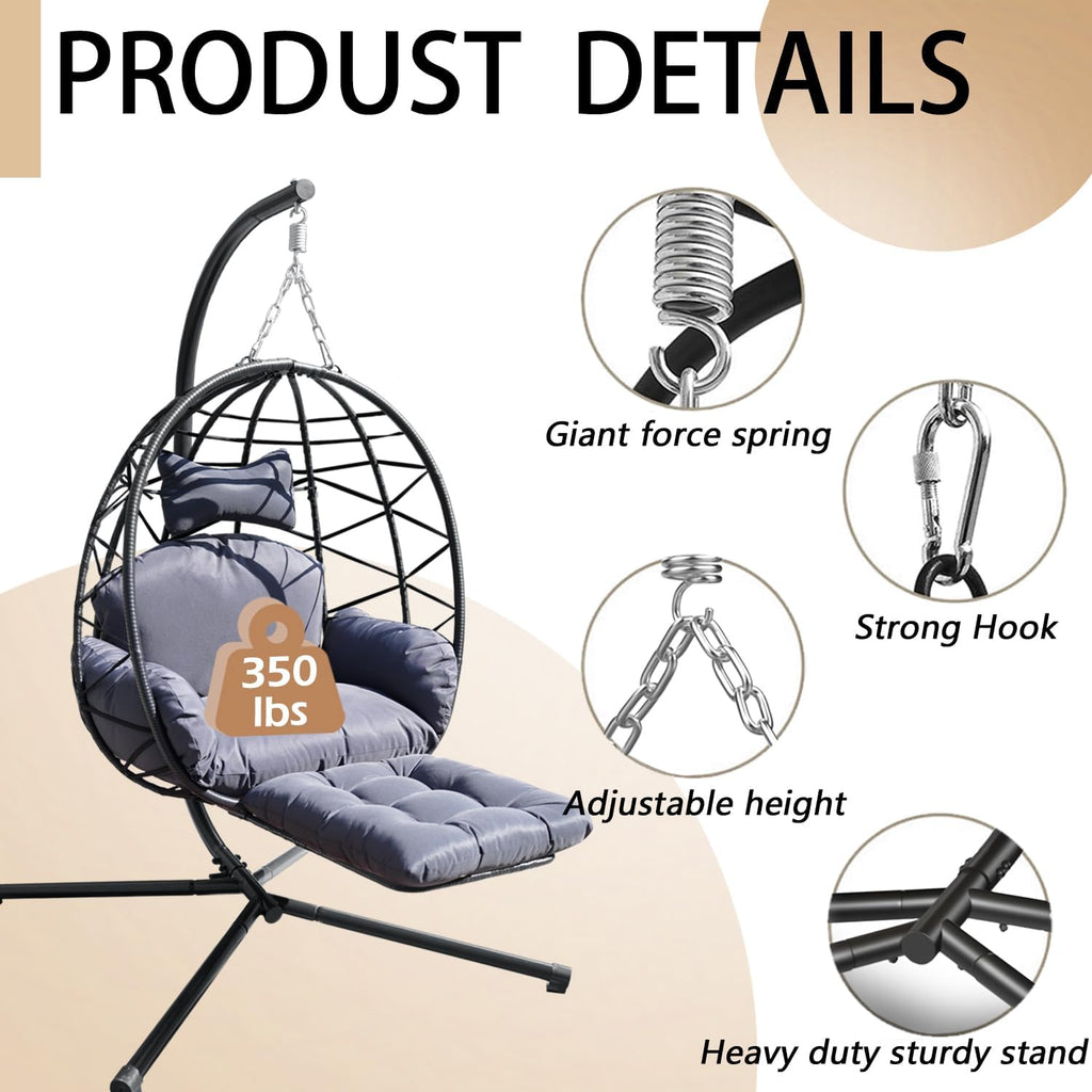 Indoor Outdoor Hanging Egg Chair with Stand & Leg Rest – Heavy-Duty Steel Frame, Handwoven Rattan Swing Chair for Patio, Garden, Bedroom – 350 lbs Capacity, Ergonomic Design (Navy)