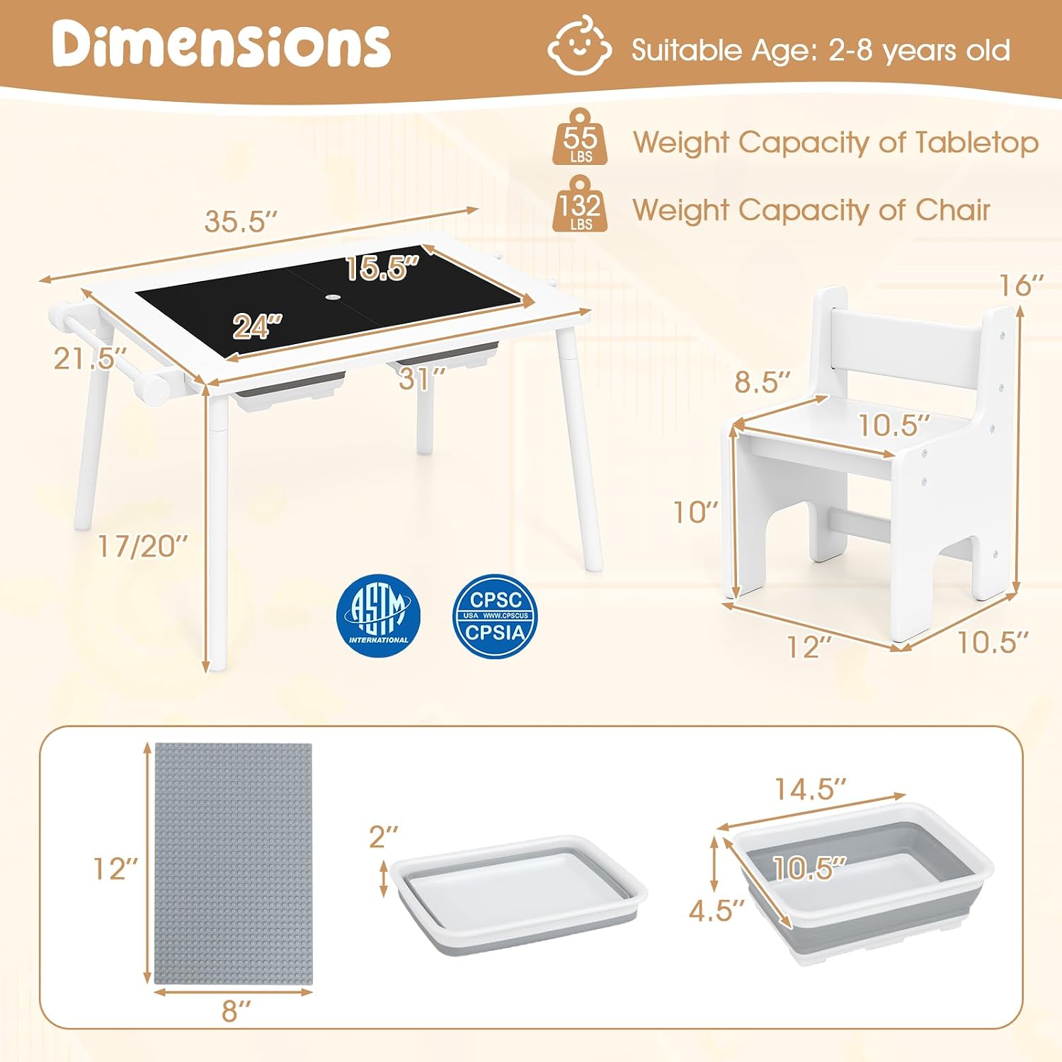 Costzon Kids Table and Chair, 6 in 1 Sensory Desk Set w/Storage Bins, White & Black Board, Building Blocks and Paper Roll for Drawing & Sand Water Playing, Toddler Table and Chair Set (White)