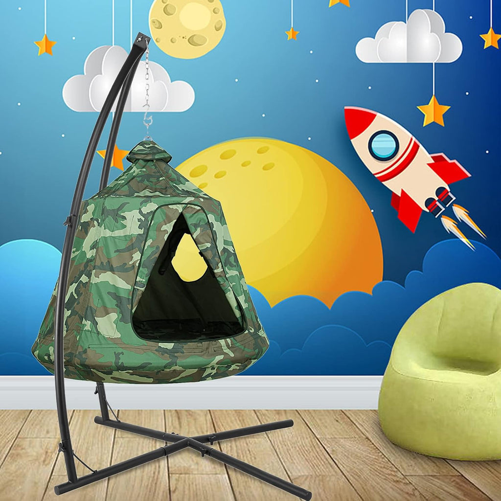 X-Shaped Hanging Tree Tent w/Swing Chair,Hammock Chair Stand Canopy w/Steel Frame,Indoor Outdoor Egg Basket Patio Seat w/Adjustable Solid Stand,Bedroom Porch Balcony Garden 330lb (Camouflage)