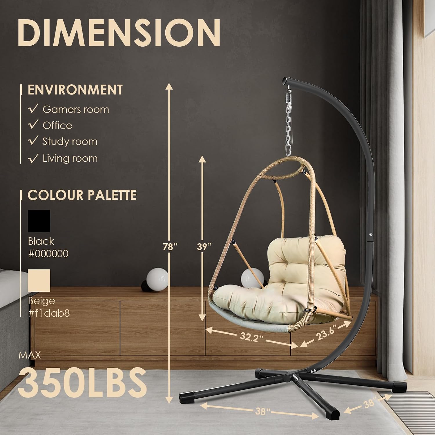 JESE Swing Egg Chair Foldable Frame Hanging Chairs, UV Resistant Waterproof Cushion and Cup Holder,Swing Hammock Chairs for Patio,Bedroom,Balcony, Garden-350lbs, Stand Included, Brown