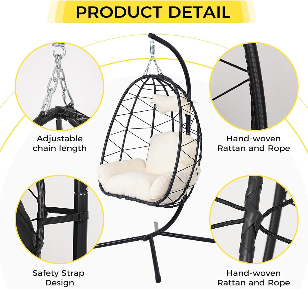 Egg Chair with Stand, Wicker Hanging Chair for Outdoor Patio, Cushioned Hammock Swing for Bedroom Garden Indoor/Outdoor, Double-Zipper Structure Hanging Egg Chair (Black and White)