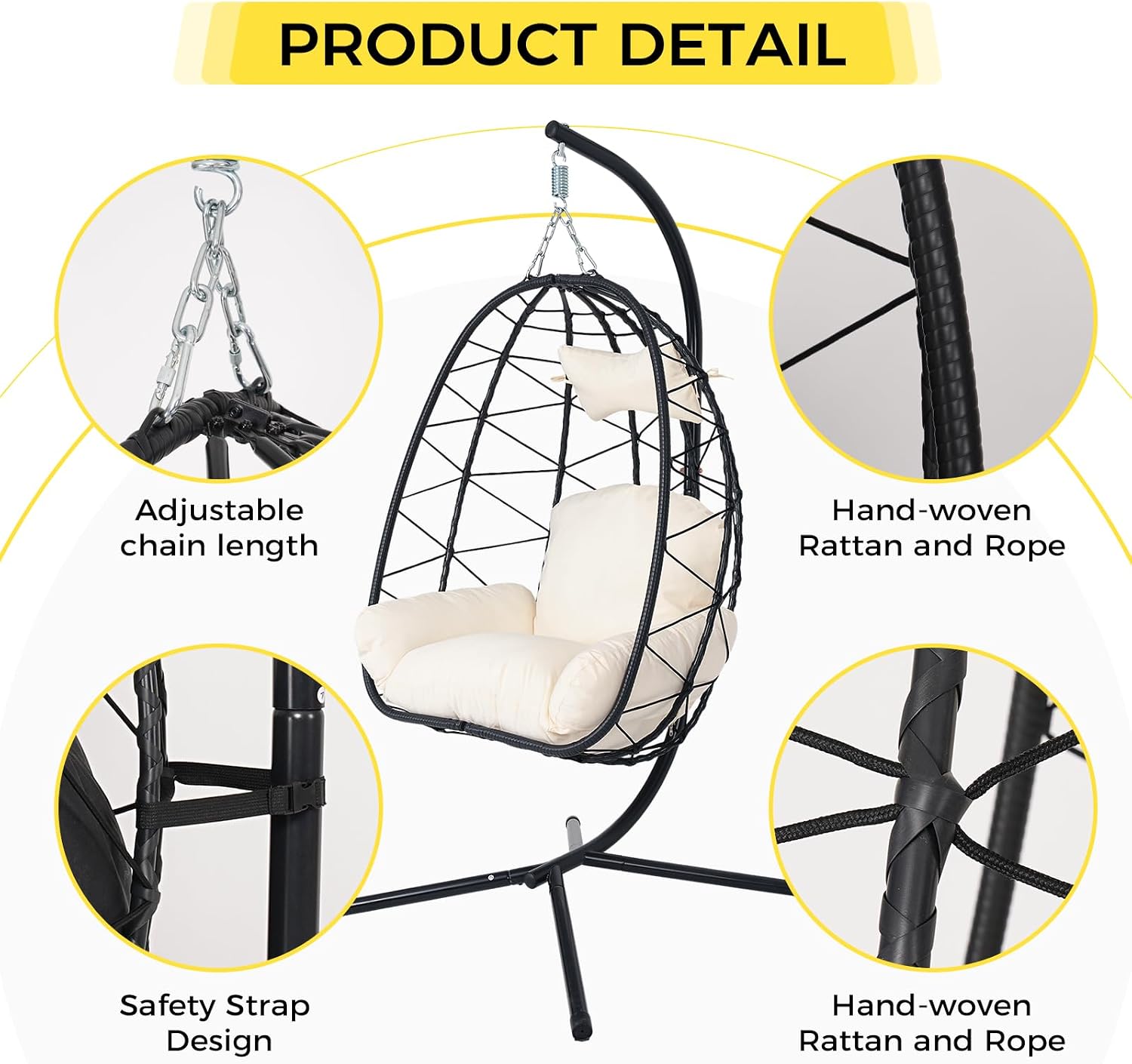 Egg Chair with Stand, Wicker Hanging Chair for Outdoor Patio, Cushioned Hammock Swing for Bedroom Garden Indoor/Outdoor, Double-Zipper Structure Hanging Egg Chair (Black and White)
