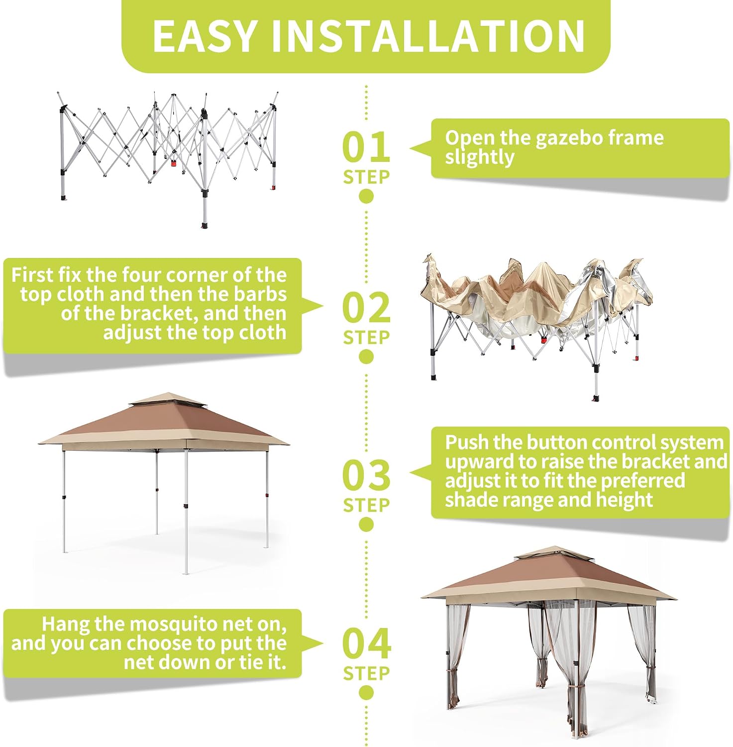 GarveeLife 10x10 Canopy Tent, Pop Up Gazebo Tent with Mosquito Netting, Outdoor Canopy with 4 Sandbags & Wheeled Bag & Height Adjustable, Pop Up Gazebo for Patio Garden Backyard Lawn Deck