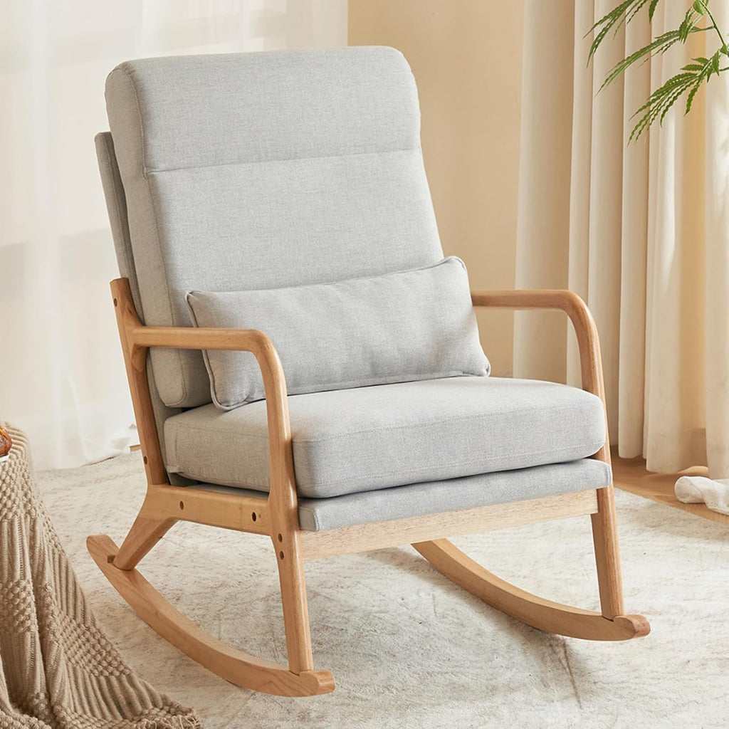 Karl home Nursery Rocking Chair Removable Glider Rocker High Backrest Rocking Armchair Mid-Century Accent Chair with Lumber Pillow for Bedroom, Living Room, Nursery, Light Gray