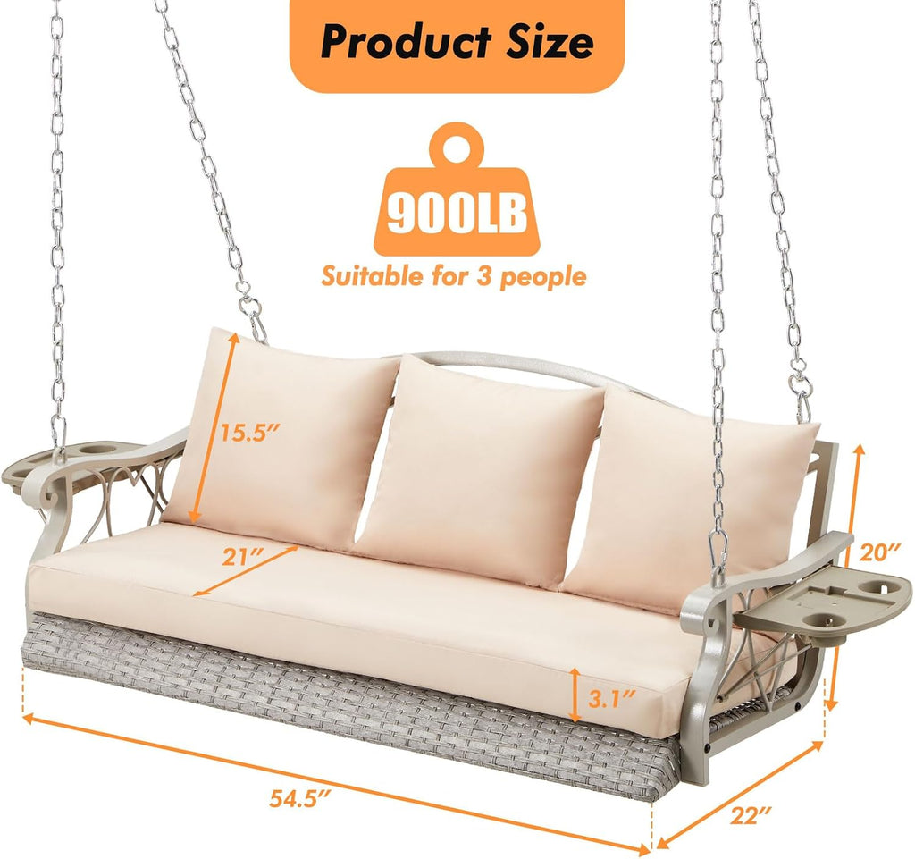 ZZW 3-Person Wicker Porch Swing Chair Heavy Duty 900 LBS Outdoor Rattan Patio Swing Chair w/Cup-Holder & Steel Chains Hanging Bench Porch Swing Cushions for Deck & Backyard & Garden