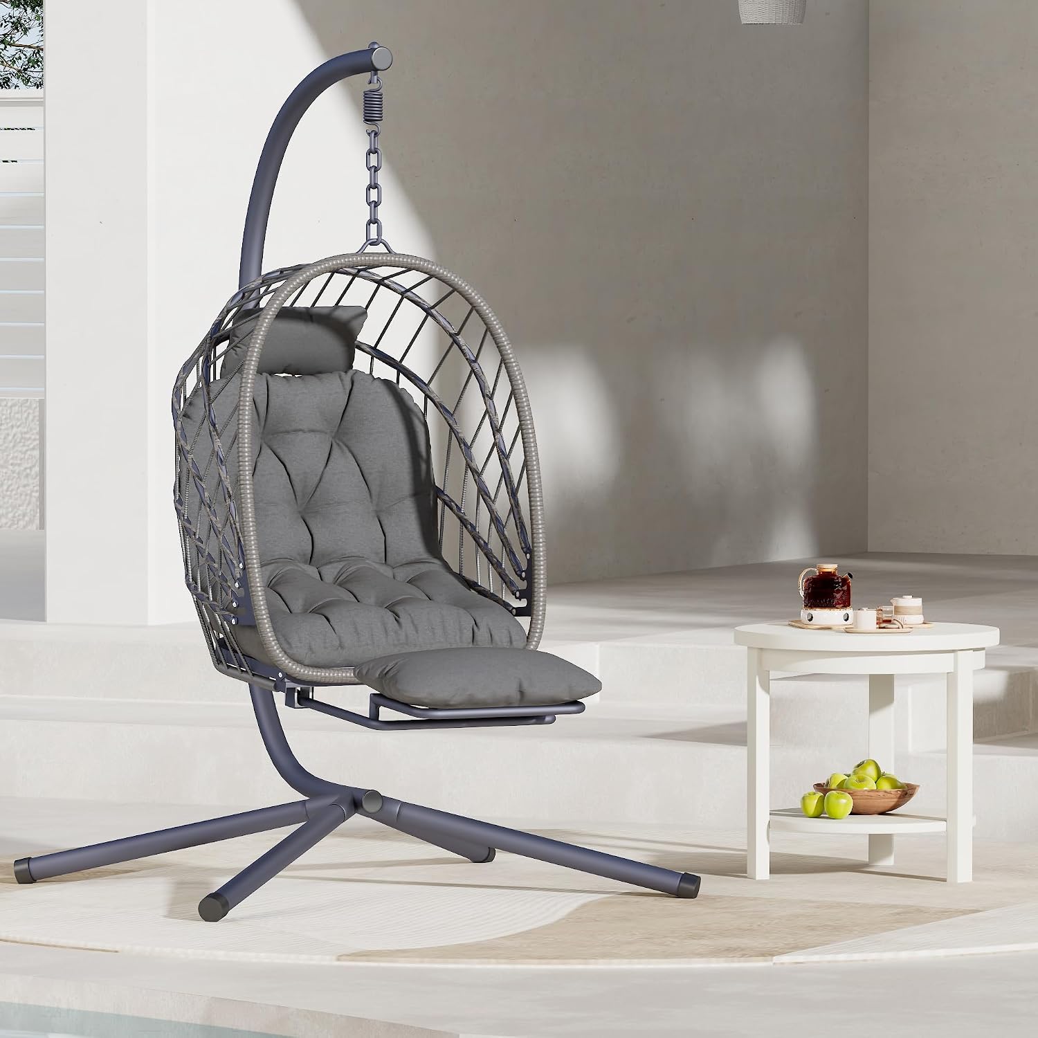 Outdoor Egg Swing Chair with Stand and Footrest, Comfy Patio Hammock Hanging Rocking Egg Chair with Cushion for Bedroom Indoor, Dark Gray (Dark Grey)