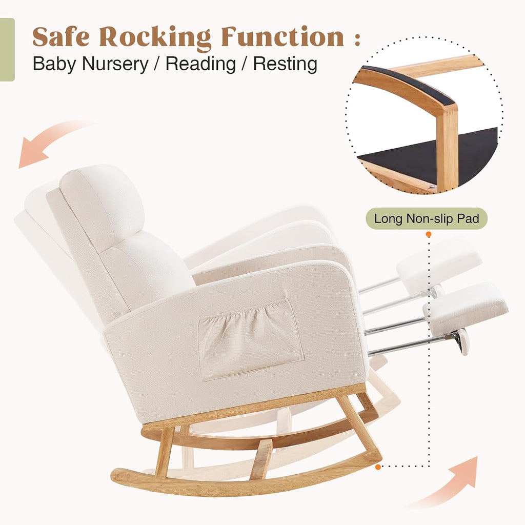 HCHAIRH Rocking Chair Nursery, Nursing Rocking Chairs with Foot Rest for Mom Nursery, Glider Rocker Chair with Footrest and High Backrest for Living Room, Bedroom, Beige