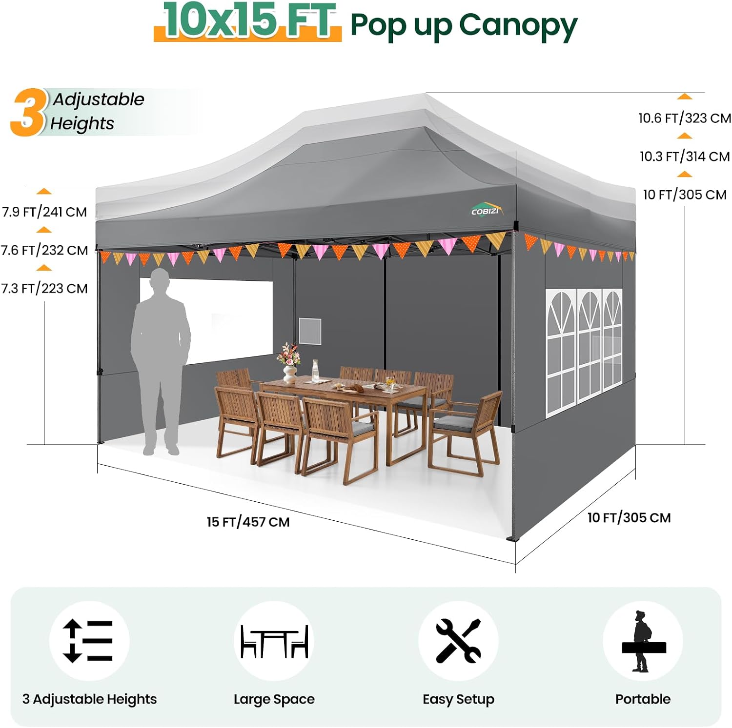 COBIZI 10x15 Heavy Duty Pop up Canopy Tent with 4 sidewalls, Commercial Outdoor Tents for Parties,Backyard Event, Wedding, All Season Waterproof Event Shelter with Carry Bag, Gray(Frame Thickened)