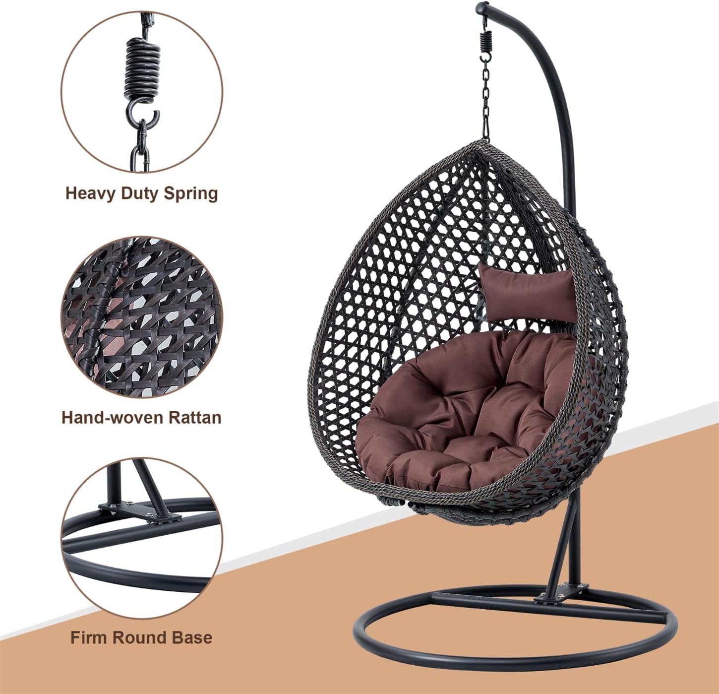 LKTART Egg Swing Chair with Stand Rattan Hanging Egg Chair with Cushions and Pillow Relaxing Chair Foldable Basket & Metal Stand Indoors or Outside 2-Black