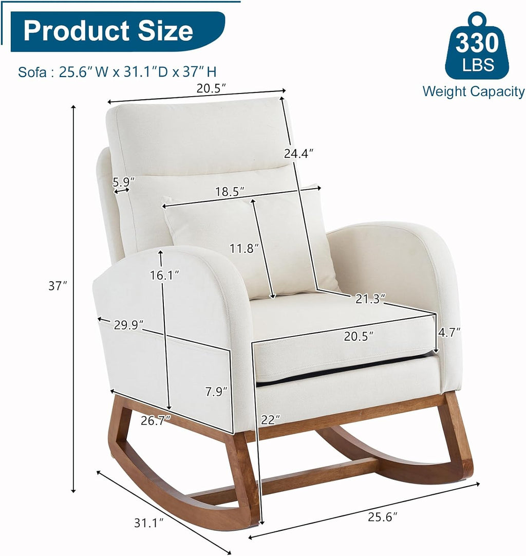 VINGLI Beige Linen Nursery Rocking Chair with Thick Headrest,Mid-Century Modern Nursing Rocker,Upholstered Glider with Curved Armrest, Sturdy Solid Wood Base for Living Room, Bedroom, Baby Room