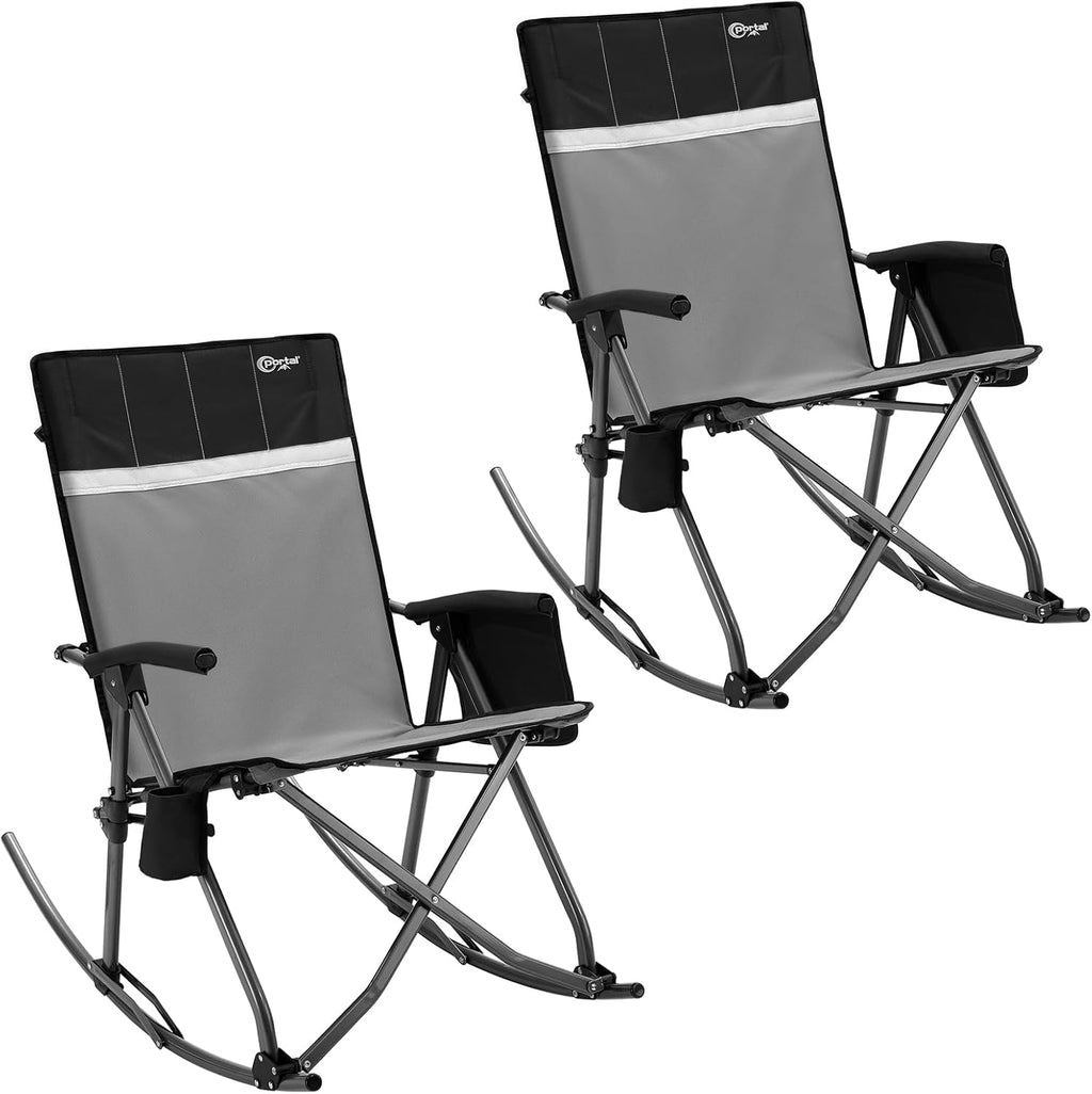 Portal Oversized Folding Rocking Camping Chair for Adults, Portable & Foldable Outdoor Lawn Rocker Chairs with High Back Hard Armrests Carry Bag for Outside, Camp, Patio, Supports 400lbs, Grey&Black