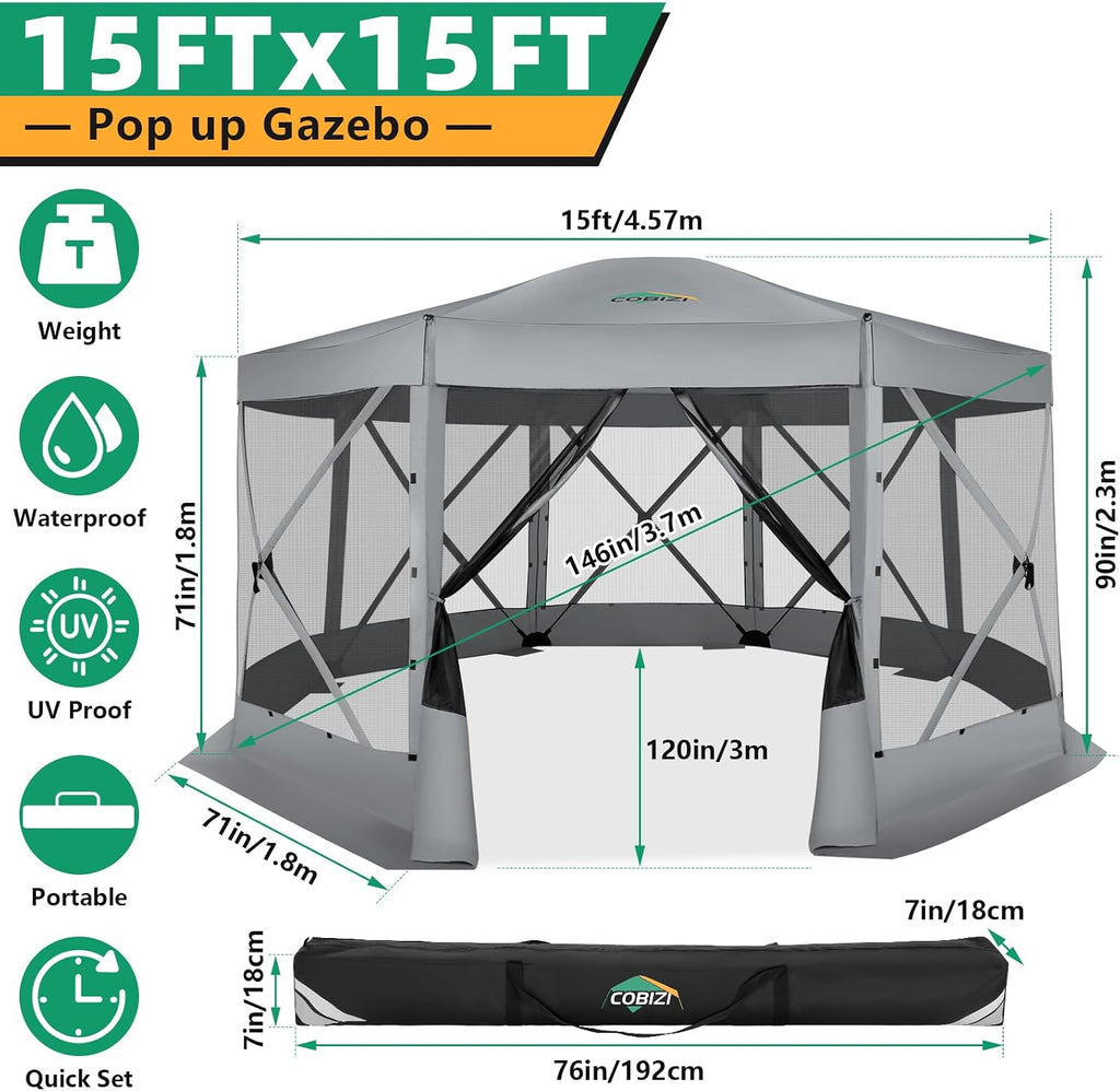 COBIZI Pop Up Gazebo Screen Tent Screen House for Camping, 15x15 Screen Room with Mosquito Netting, Hub Tent Instant Screened Canopy with Carrying Bag and Ground Stakes, Gray