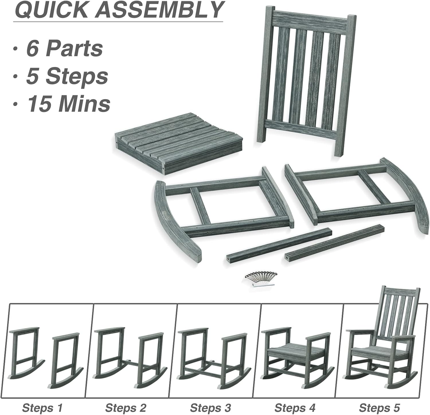 Outdoor Rocking Chair Set of 2, HDPE Oversized Patio Rocking Chairs, Weather Resistant, 350lbs Heavy Duty Porch Rocker with High Back for Backyard, Fire Pit, Garden and Indoor (Grey)