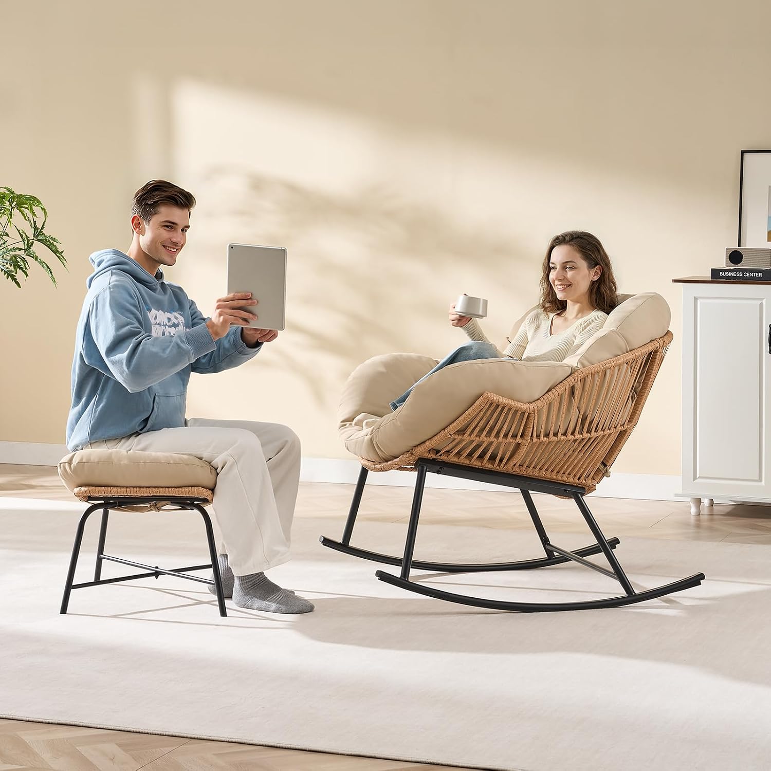 ONBRILL Papasan Rocking Chair with Ottoman,Oversized Papasan Chair with Padded Cushion, Indoor & Outdoor Rocker Chair for Living Room, Patio, Garden, Beige