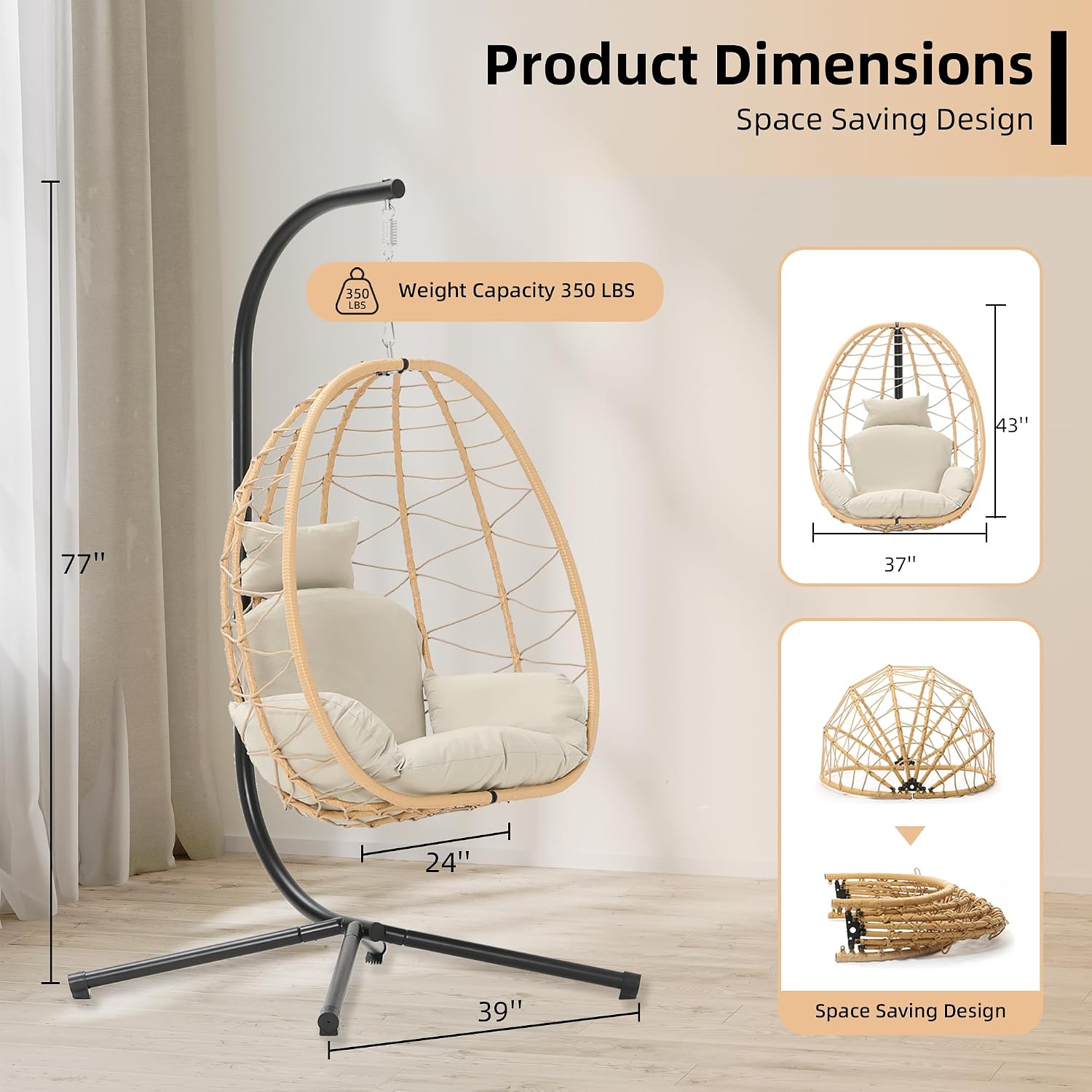 DoubleTT Egg Chair with Stand, Swing Chair Hanging Chair Nest Basket, UV Resistant Removable & Washable Cushions,350LBS Capacity for Bedroom, Balcony, Garden（YE-BE
