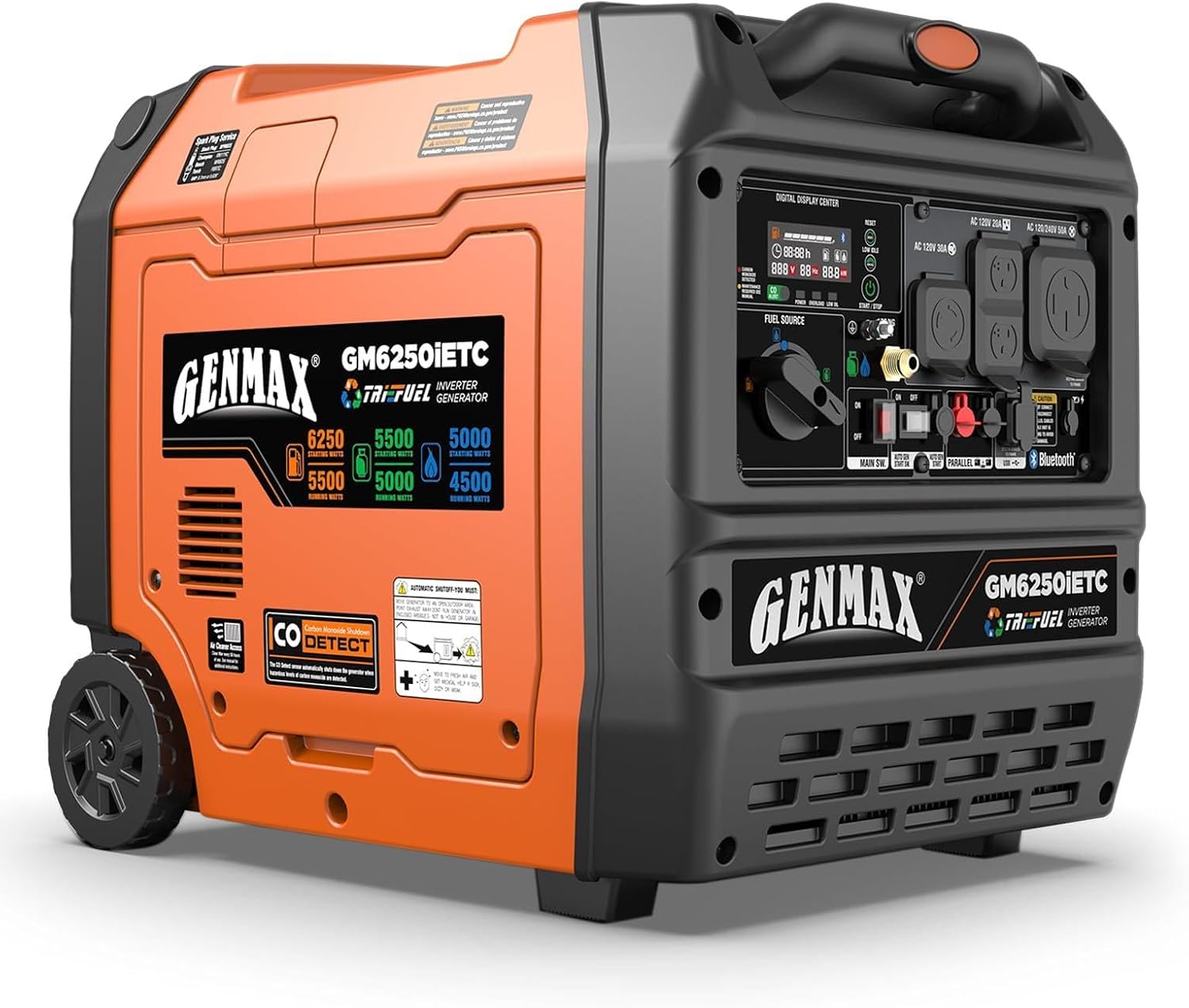 GENMAX 6250w Tri-Fuel Silent Inverter Generator(2026Model)Features 2-Wire Auto Start/Stop,bluetooth APP Control,CO Sensor,Digital Display&50A Outlet-Ideal for Home Backup&Camping Outdoor,EPA Compliant