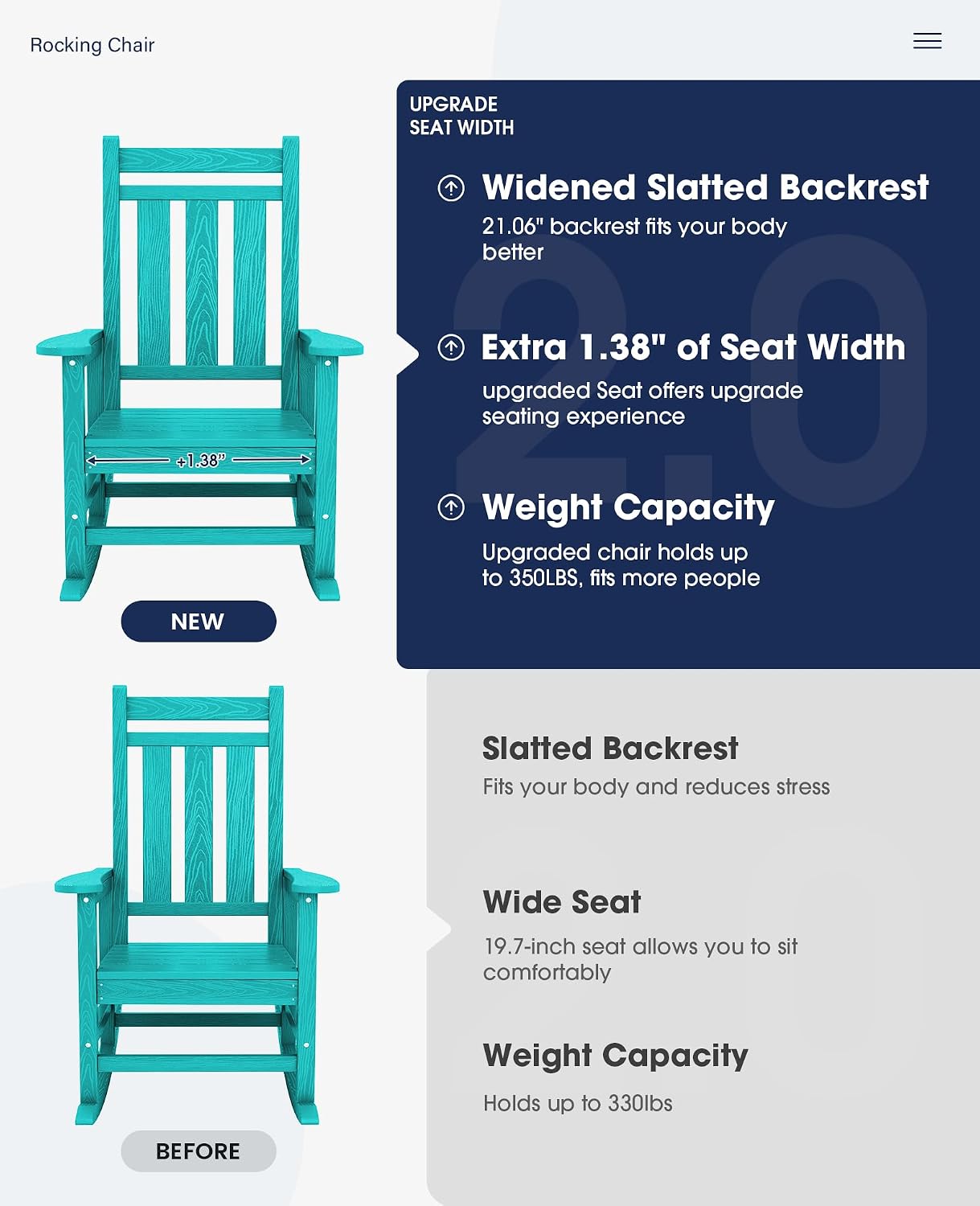 KINGYES Oversized Outdoor Rocking Chair Set of 2, All-Weather Patio Rocking Chairs for Porch, HDPE Outdoor Patio Rockers with High Back & Wide Seat for Garden, Lawn, Aruba